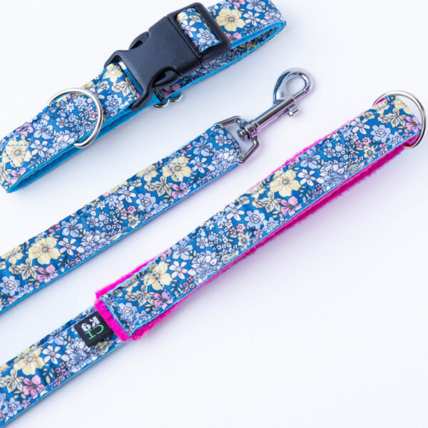 Blue Floral Dog Collar and Lead Set