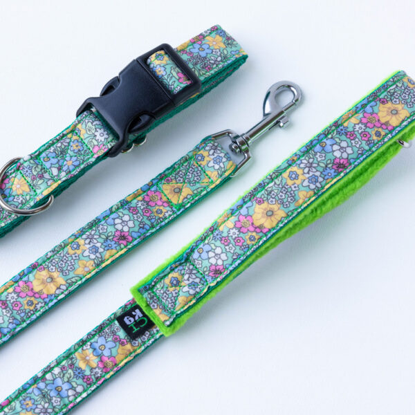 Green Floral Dog and Collar Lead Set